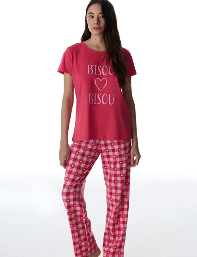 PNNSZ41126IY Գիշերազգեստ շապիկ կիսաթև և տաբատ  PINK HEARTS SS PANTOLON SET